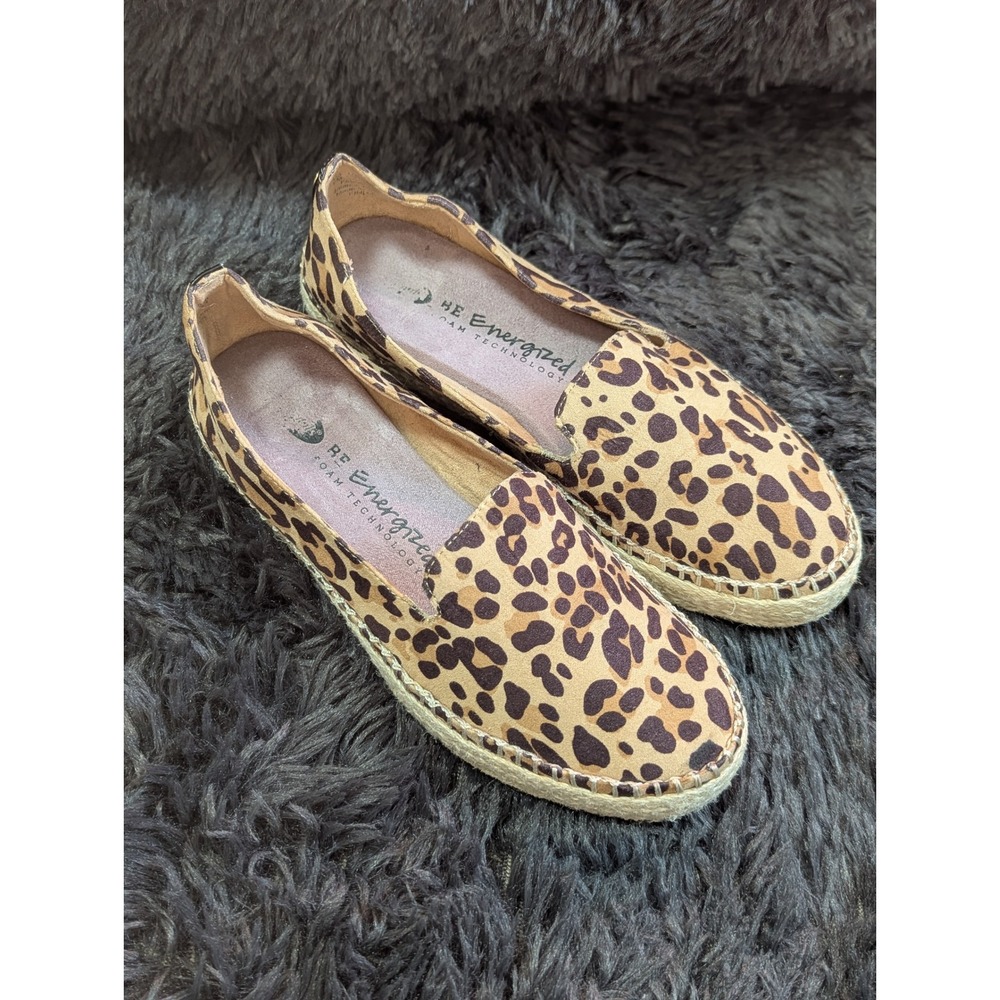 Dr‎ Scholls Leopard Print Espadrille Flats BE Energized Slip On Shoes Brown 6M